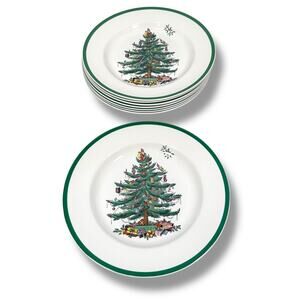 Spode Christmas Tree Dinner Plates 11" White Green Trim Stoneware S3324S Lot 8